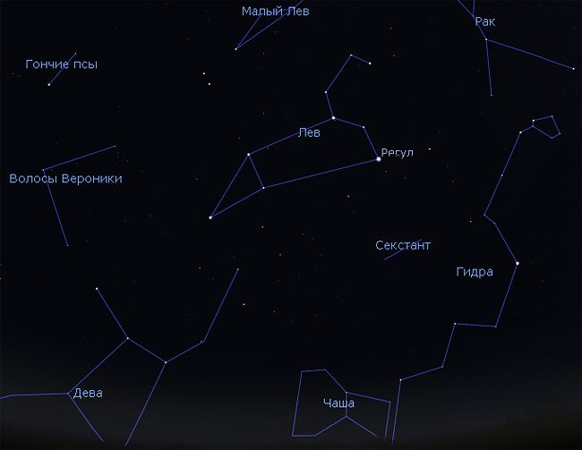 Какие звезды в созвездии малый лев. Созвездие Льва на карте звездного неба. Яркая звезда в созвездии Льва. Созвездие Льва с названиями звёзд. Лев на Звездном небе.